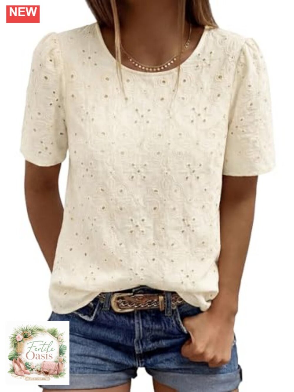 Women's Eyelet Cotton Lace Puff Sleeve Blouse